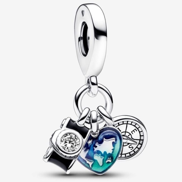 NWOT Camera, Heart & Compass Triple Dangle Charm Sterling Silver 925 - Picture 2 of 12